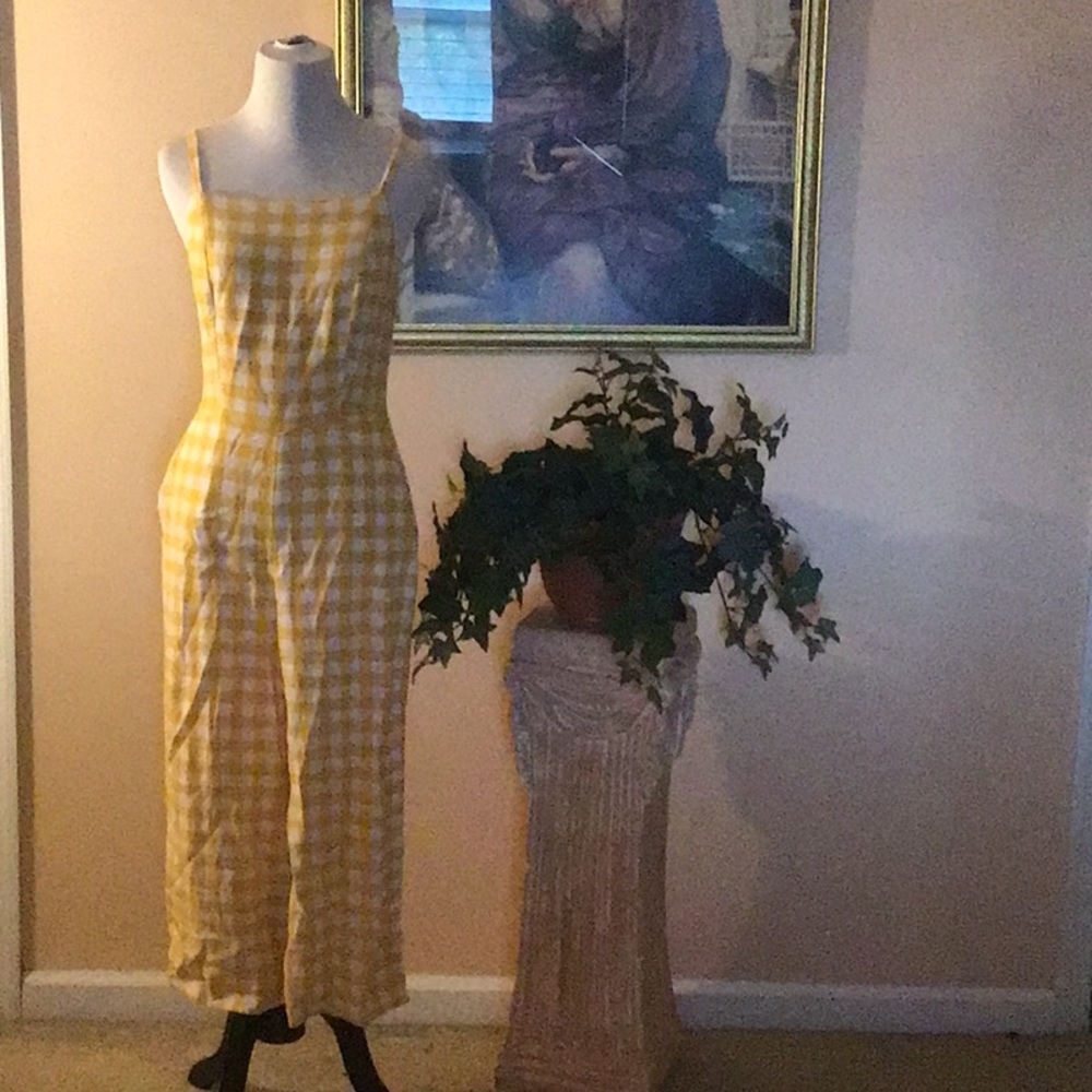 Yellow and white gingham jumpsuit with pockets and adjustable straps
